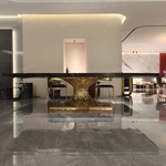 Molten Gold Pedestal Dining Table with Deep Red Burl Wood Top and Inlaid Motif